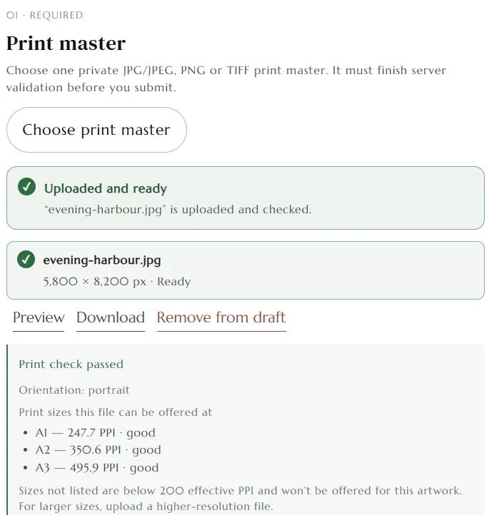 Artist Studio showing an uploaded print master and its print check